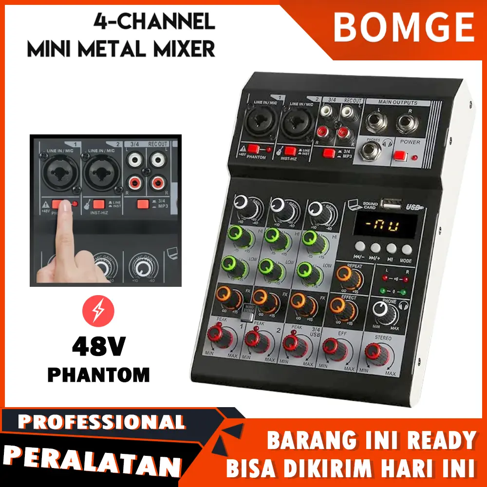 BOMGE Mixer Audio AUDIO Naik 4 Saluran Mixer Audio Mini Pengendali DJ Mixer Karaoke KTV Keluarga Mini Mixer Antarmuka Efek USB/BT