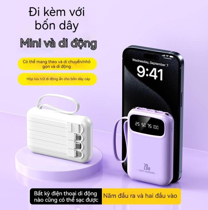 Pin Dự Phòng Mini Sạc Nhanh và PD 20W 20000mAh Kèm 4 Dây Sạc Tiện Lợi Cho Nhiều Thiết Bị Apple Android