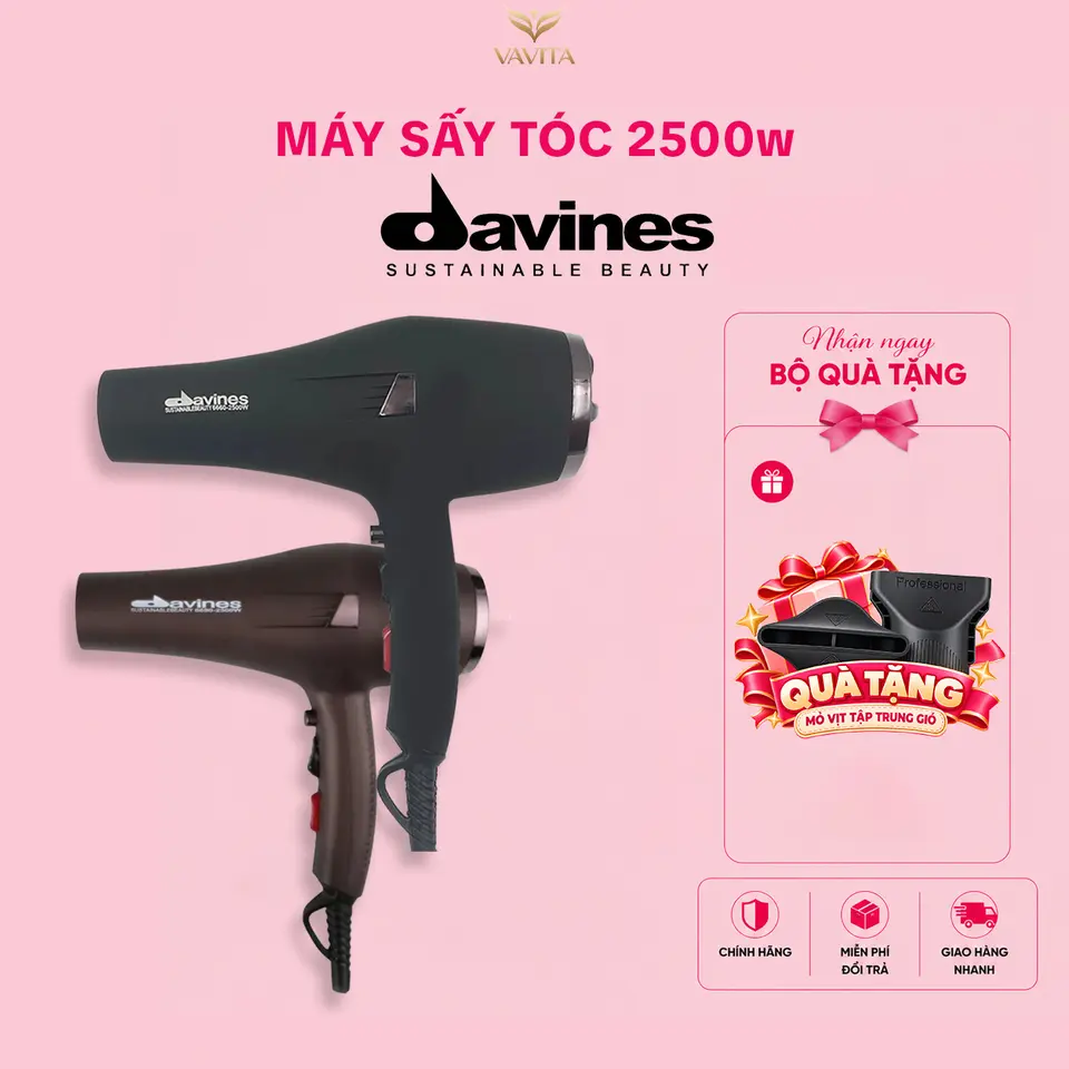 Máy sấy tóc Davines 2500W - Máy sấy tóc công xuất cao - Đa dạng chế độ sấy - Bổ sung ion âm giảm xơ rối và giữ ẩm cho tóc