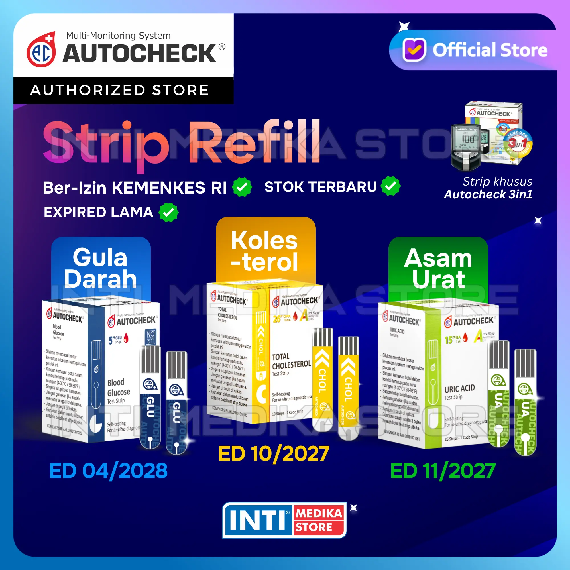 AUTOCHECK - Strip Tes Gula Darah / Asam Urat / Kolesterol | Refill Blood Glucose Uric Acid Cholesterol Test Strip 3in1