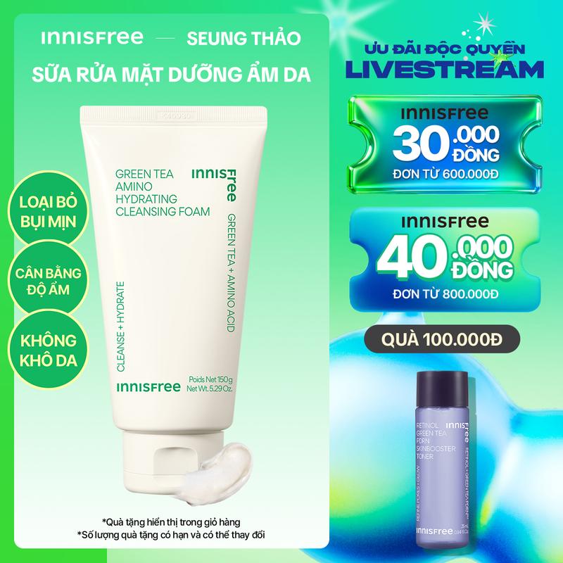   INNISFREE x SEUNG THẢO  Sữa rửa mặt trà xanh sạch sâu ẩm mịn INNISFREE Green Tea Amino Cleansing Foam 150g 