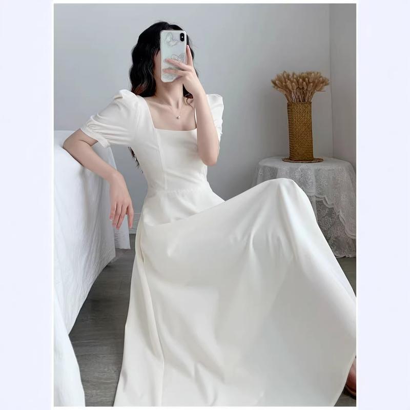 Có sẵn hàng, đầm nữ phong cách Hepburn năm 2026 cỡ lớn, bộ sưu tập mùa hè, tay phồng, trang phục nữ cỡ lớn, cổ vuông, thiết kế ôm eo tôn dáng, tạo hiệu ứng thon gọn, đầm dài đến gối thanh lịch