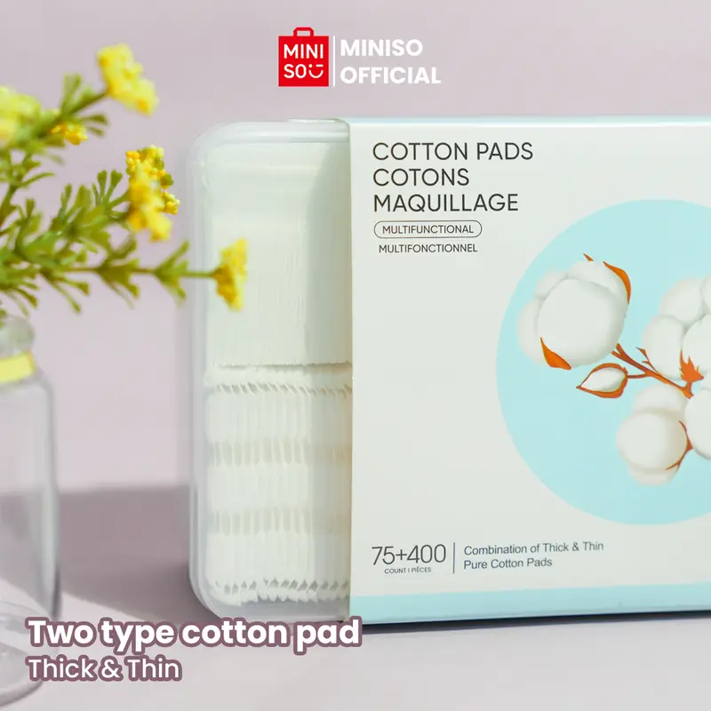 MINISO Facial Cotton Pads 75pcs Tebal + 400pcs Tipis Kapas Pembersih Makeup Make Up Bantalan Kapas Kotak Kapas Pembersih Wajah Kapas Kecantikan 6