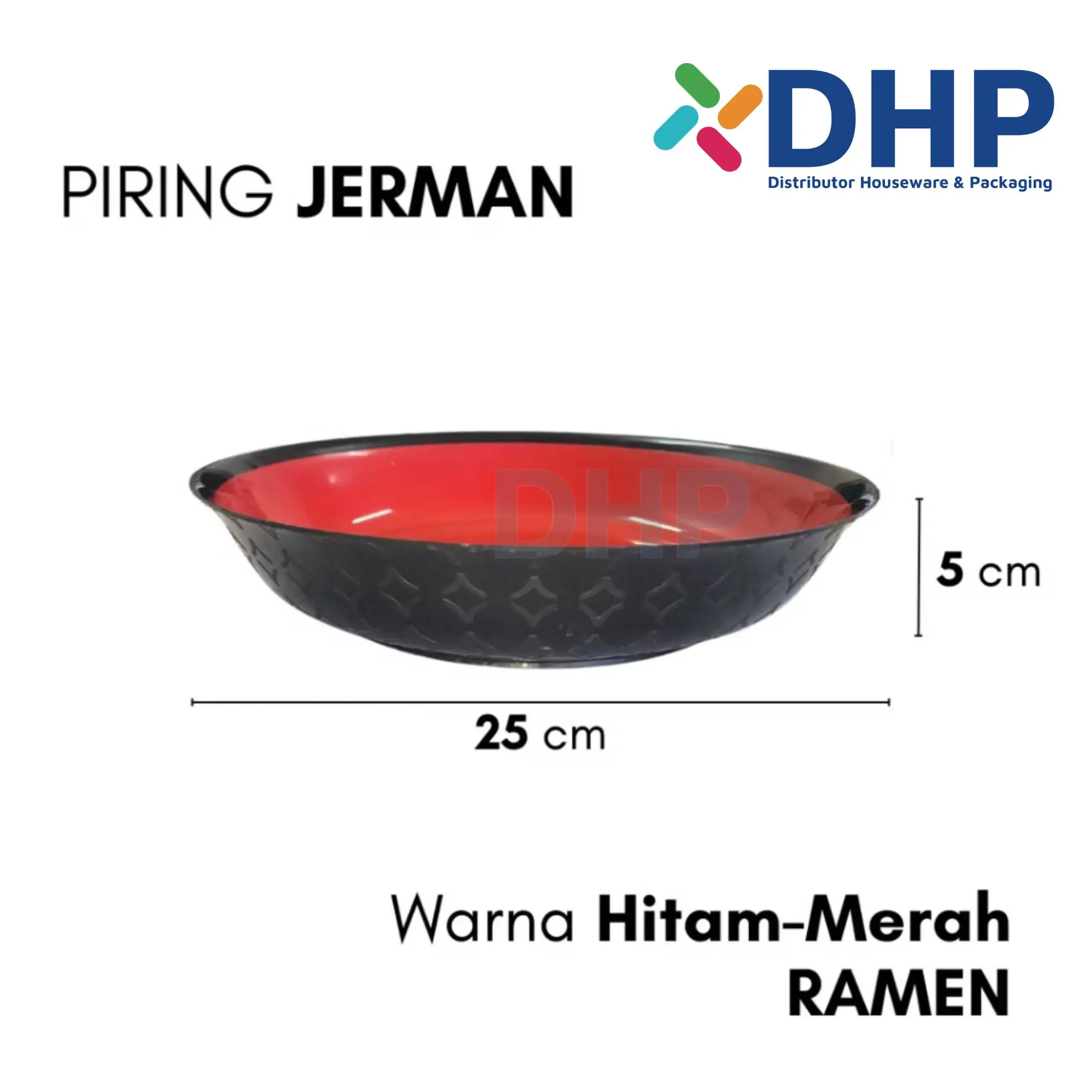 Piring Bulat JERMAN Ramen Jepang Diameter 25 cm Anti Pecah Motif Diamond Warna Hitam Merah Plastik PP Food Grade Besar