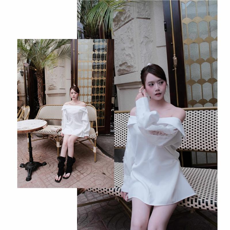 Alliu Set áo váy có quần trễ vai phối ren tay thiết kế AGUJA