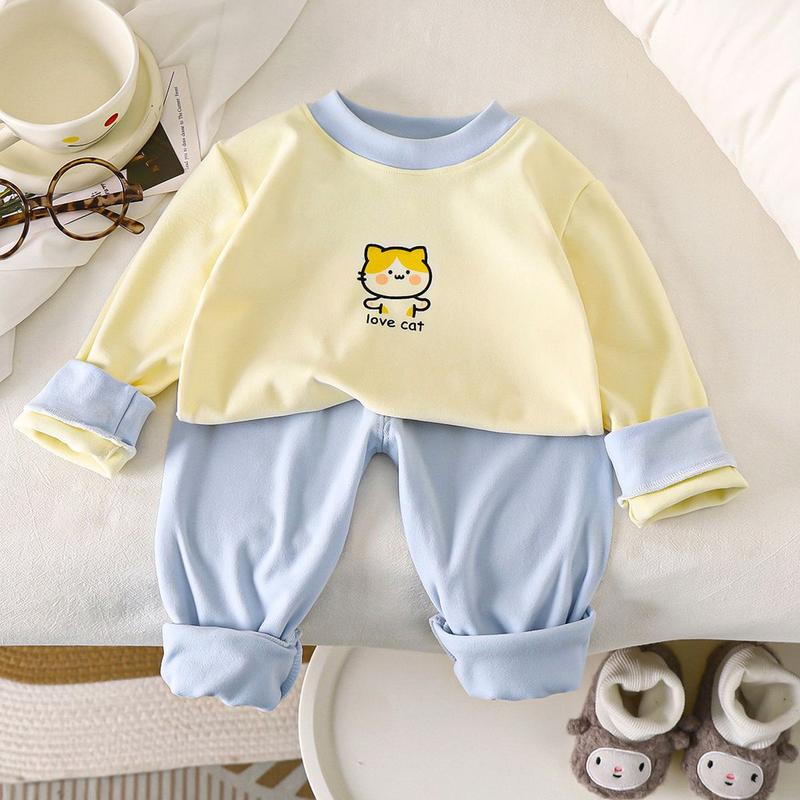 Set bộ đồ tay bo cổ tròn nỉ cotton mềm họa tiết con vật đáng yêu cho bé trai bé gái