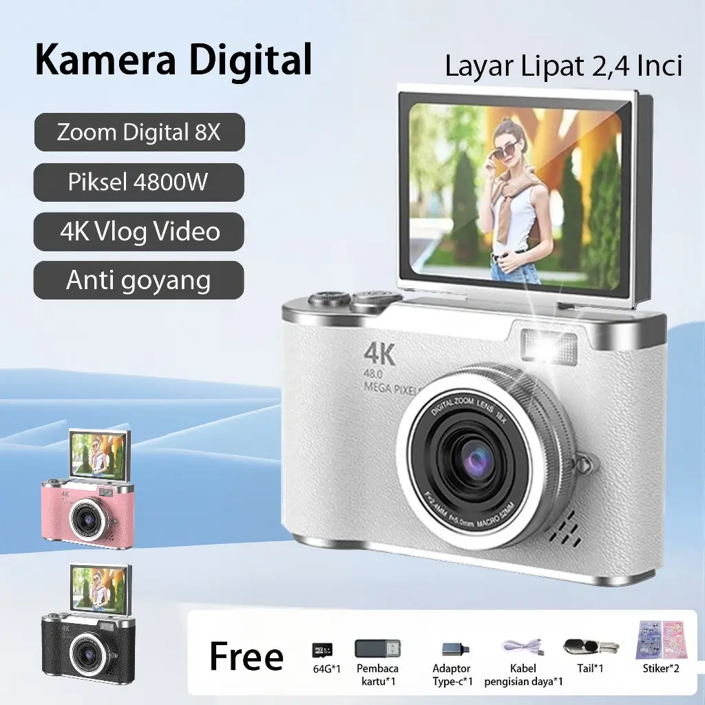 Kamera Digital 48MP 8X Zoom Kamera Digicam Layar Balik 180° LCD 2,4 Inci 4K Vlog Anti Goyang Filter Kamera Pocket untuk Hadiah Pemula