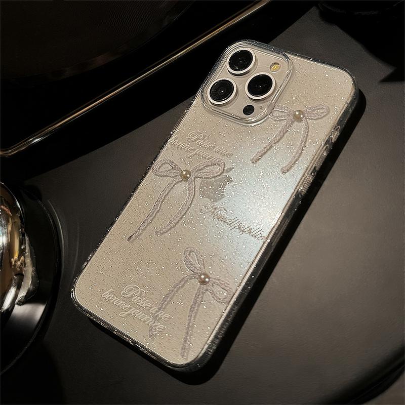Product Introduction of Sparkly Pearl Bow Glitter Clear Full-Edge Protective Anti-Scratch Phone Case for iPhone 11/12/13/14/15/16 Pro/15 Pro Max Shockproof Anti-Drop Smartphone Case for Women 13