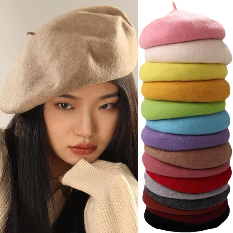 Mũ Nồi Mùa Đông Cho Nữ Mũ Không Vành Ấm Áp Phong Cách Nghệ Sĩ Pháp Retro Màu Trơn Thanh Lịch Phù Hợp Với Mùa Thu