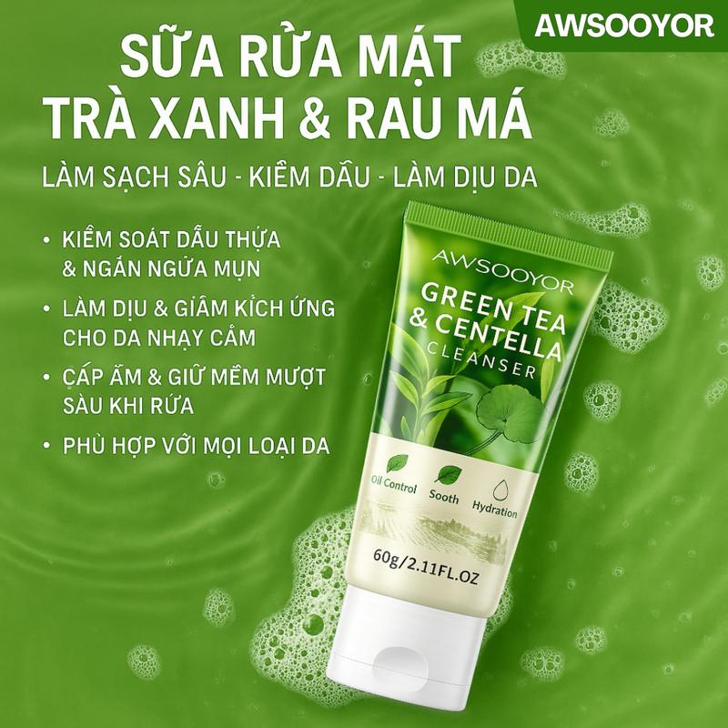 SKINCARE AWSOOYOR 1 chai 9.9k sữa rửa mặt trà xanh rau má sản phẩm chăm sóc da green tea cleansing foam làm sạch nhẹ nhàng dưỡng ẩm làm dịu và kháng viêm phù hợp cho cả nam và nữ 60g