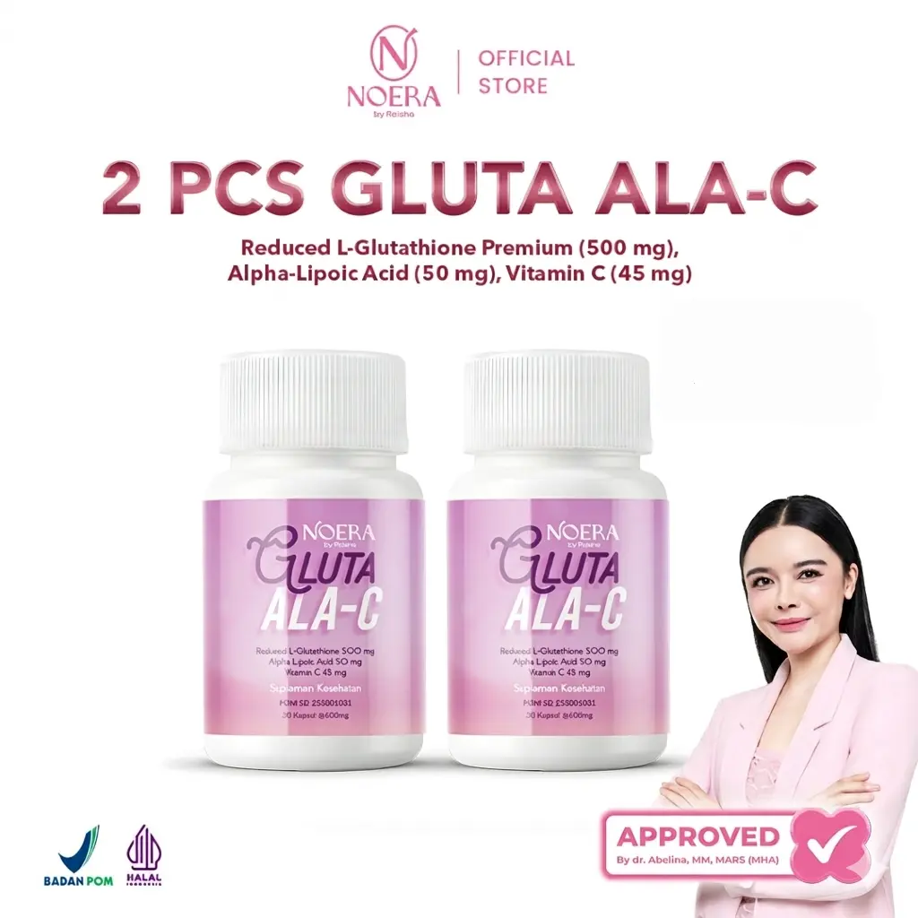 Noera 2 Pcs Gluta ALA-C | Noera Suplement Whitening | Noera Whitening Capsule | L-Glutathione 500mg Alpha Lipoic Acid 50mg Vitamin C 45mg | Whitening Booster Suplemen Kecantikan