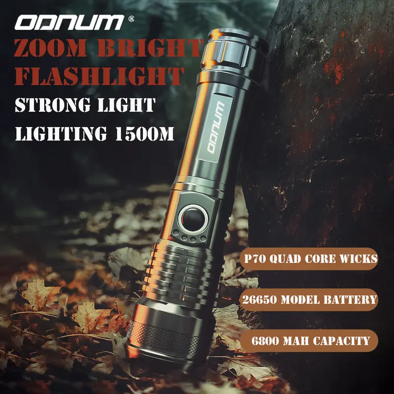ODNUM senter cahaya luar yang kuat Sumbu LED P70 quad core Powerful Outdoor Flashlight With 26650 Lithium Battery And 1500m Irradiation IPX6 tahan air Baterai 1