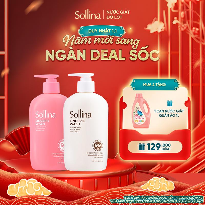 MUA 2 TẶNG 1 Combo 2 Nước Giặt Đồ Lót Chuyên Dụng Sollina 1 Nước Giặt Hồng + 1 Nước Giặt Vàng 400Ml Chai + TẶNG 1 Nước giặt thường 1L Làm Sạch