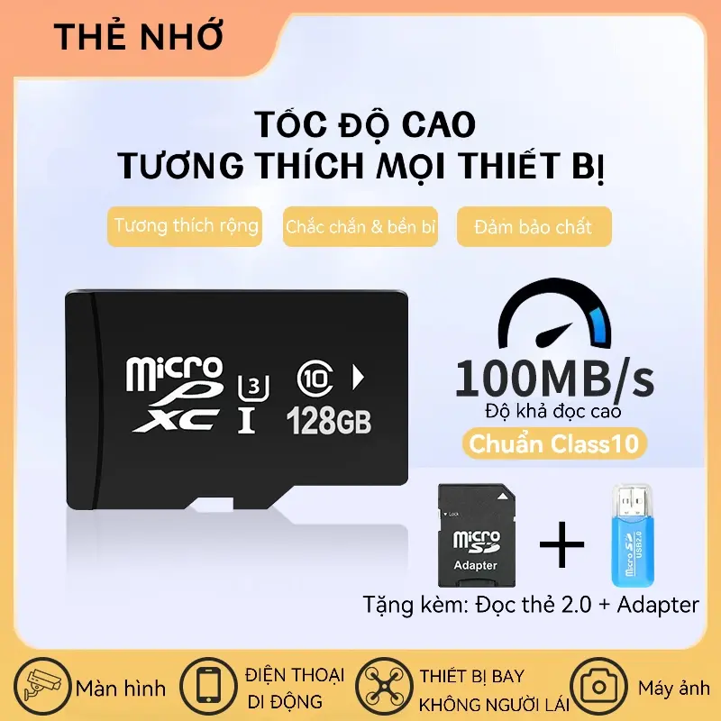 Thẻ lưu trữ điện thoại di động, Tốc độ cao (64GB), Thích hợp để theo dõi camera (128GB), Thẻ SD, 256G, Thích hợp cho loa, Dash cam, Thẻ lưu trữ chống thấm nước Thông Dụng