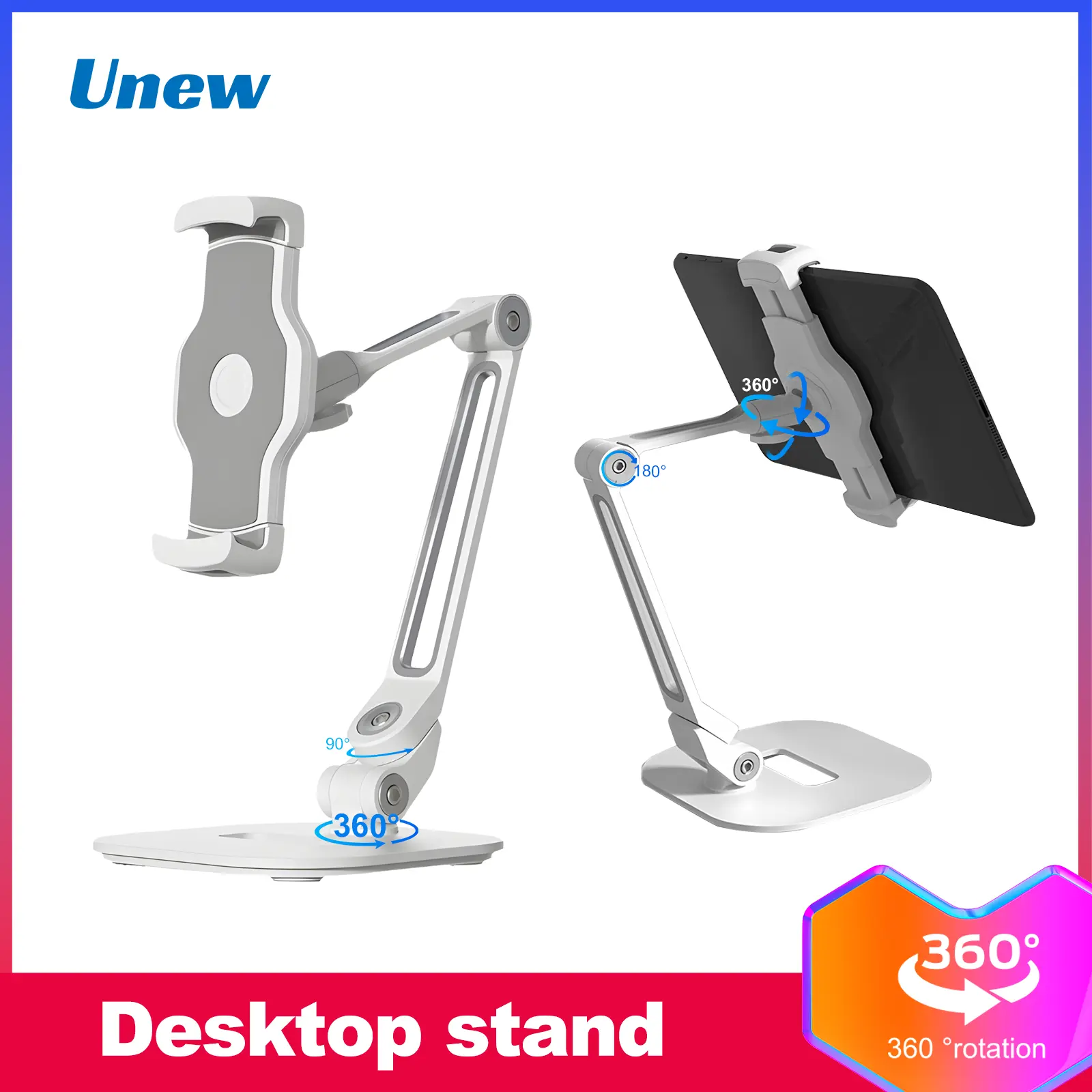 Unew Stable Stand with Clamp, Foldable, Multi Angle 360 Rotating, Portable, For Tablet Stand, iPad/mini Pad,4.7-12.9 inches, 1KG for ipad Smart Phone