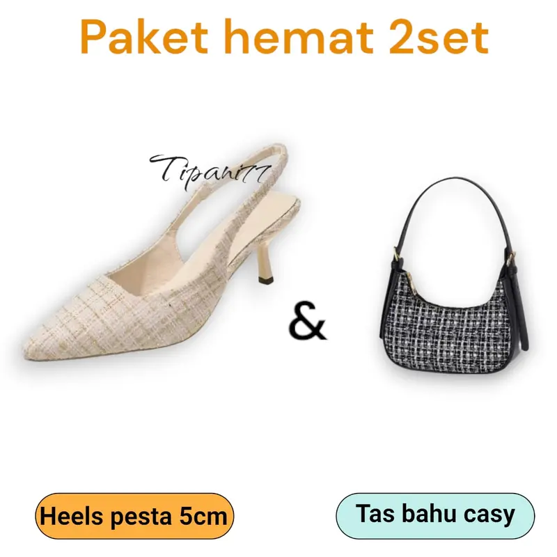 Paket Hemat 2 Set Higheels Pesta & Tas Wanita Bahu Cassy - Shoes Hitam Putih Sandal 2