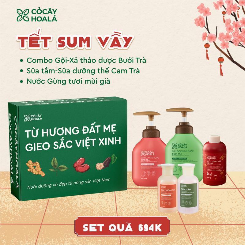 TẾT SUM VẦY 694K Set quà Tết Cỏ Cây Hoa Lá "Khởi nguồn tự nhiên – Giữ Hồn Tết Việt": Combo Gội Xả Thảo Dược Bưởi Trà 350g chai Combo Sữa Tắm - Dưỡng Thể Cam Trà 300g chai Nước Gừng Tươi Mùi Già 300g