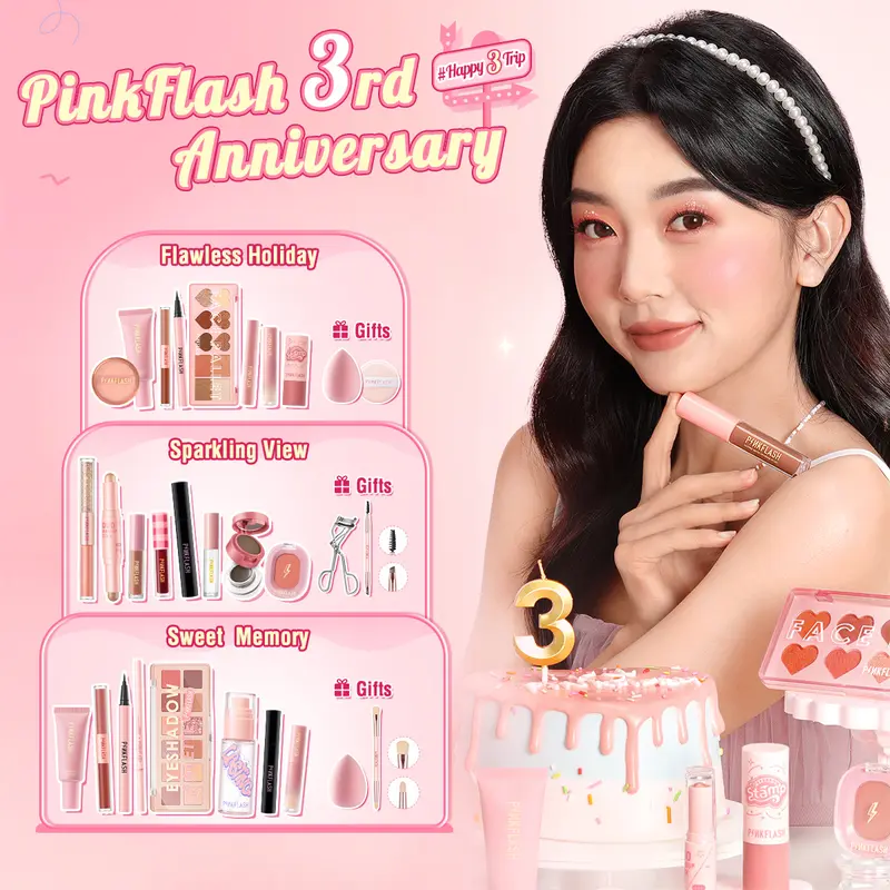 [Official]PINKFLASH #Happy3Journey 3rd Anniversary Makeup Sets 8PCS Beauty set makeup kit face makeup Eyeshadow Eyeliner Mascara Concealer Blush Eyebrow Liquid Loose Palette Foundation Lasting Cover Kosmetik 7