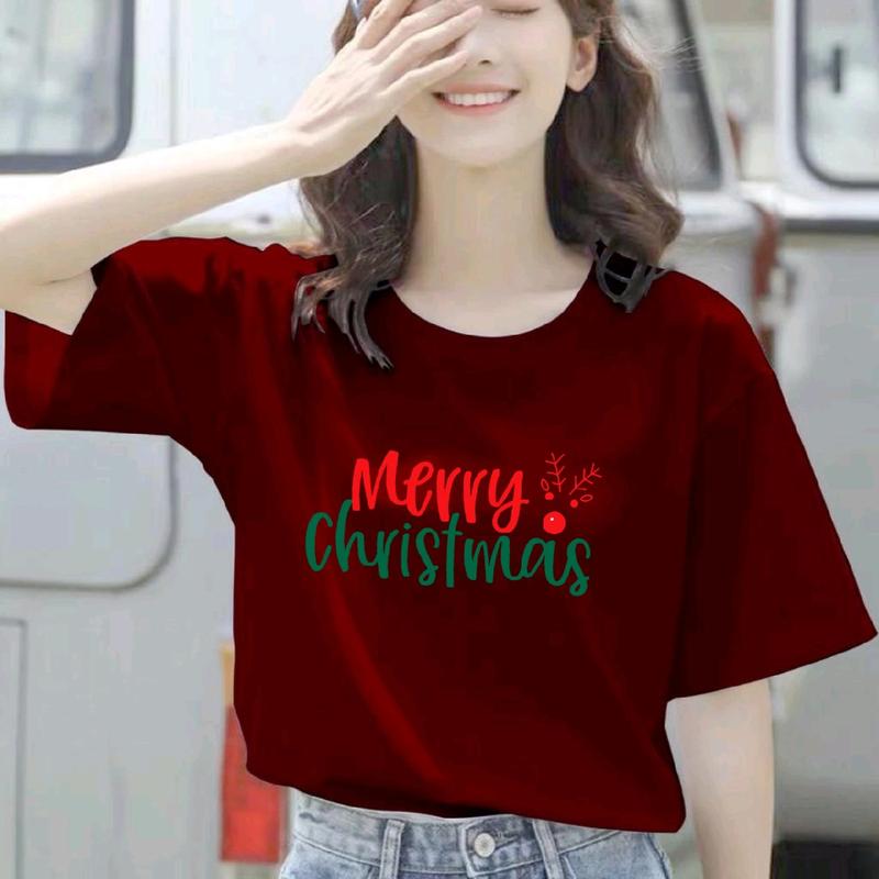 Baju Kaos Natal WANITA Motif Merry Christmas Tulisan baju natal baju natal Slim Fit Atasan Fashion tshirt baru 5