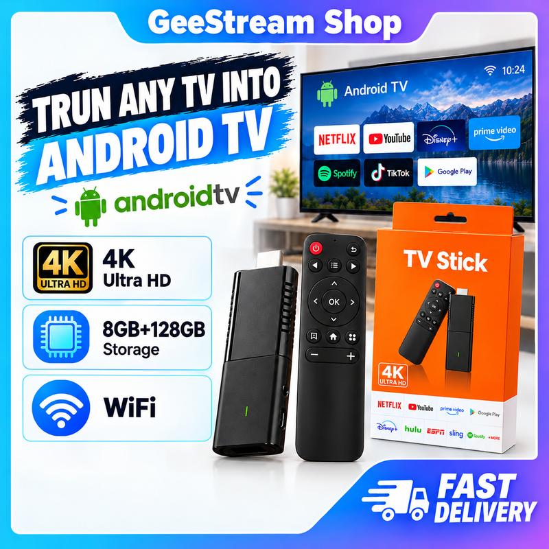 TV Stick 4K Android, TV Stick Android với Google Play, Netflix và YouTube, 8GB + 128GB, Wi‑Fi, hộp TV thông minh, sẵn sàng sử dụng (Plug & Play), phù hợp cho màn hình TV và máy chiếu