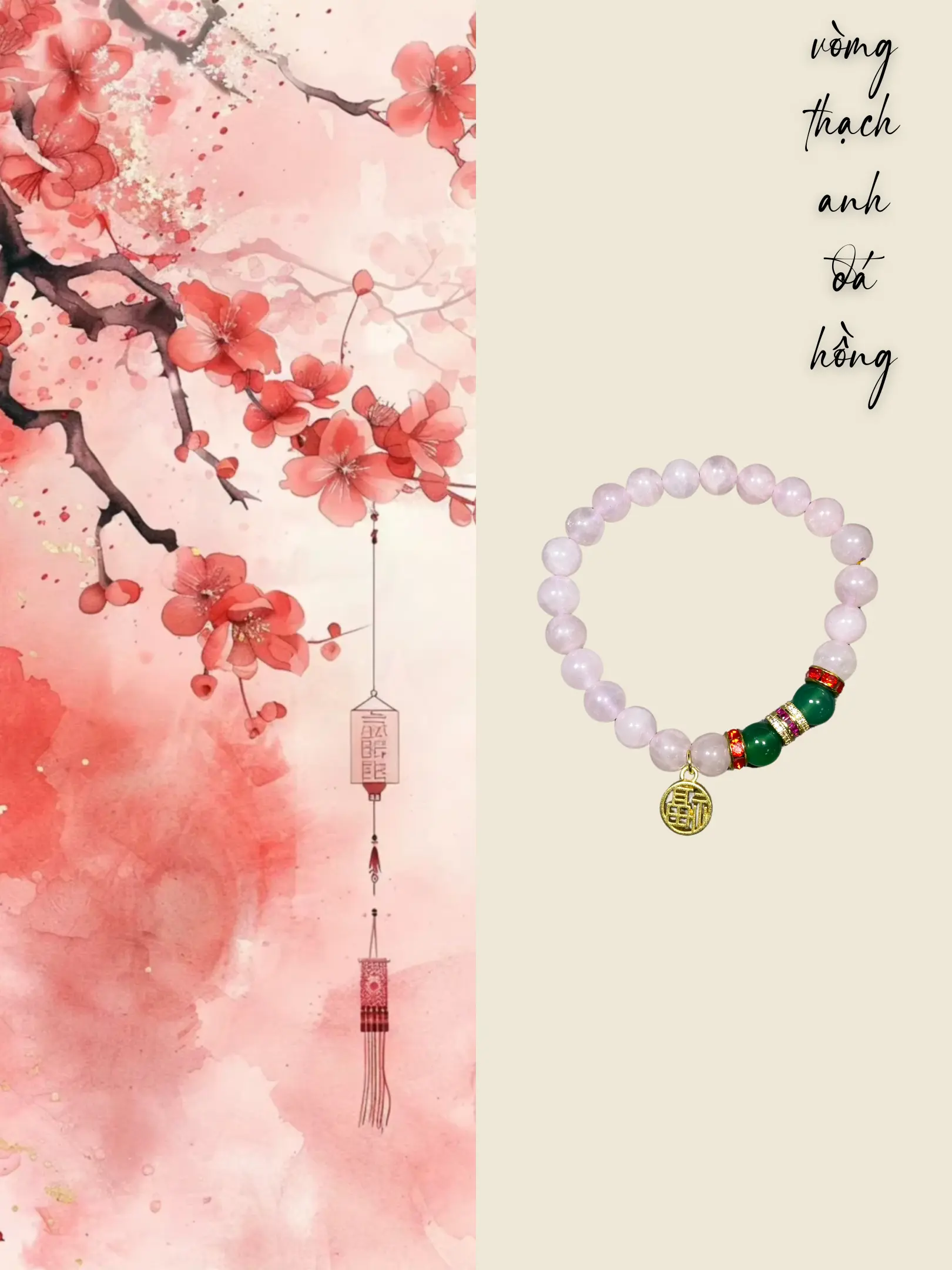 [Deal trên live] Vòng tay đá thạch anh hồng kết hợp đá mã não kèm charm chữ phúc thích hợp cho nữ