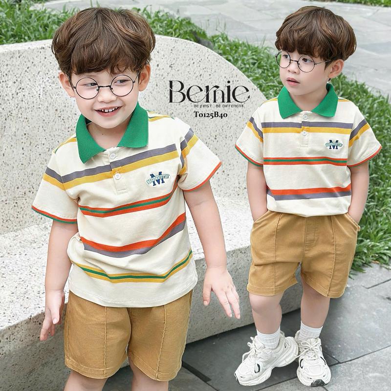 Bernie Bộ Polo Cộc Tay Bé Trai Honesty Kẻ Màu Nổi Bật Bernie - Áo Cotton Mềm Mịn - Quần Kaki Suông Dáng Dày Dặn Phù Hợp Cho Bé Từ 9-24kg Size 80-130 - T0125B40