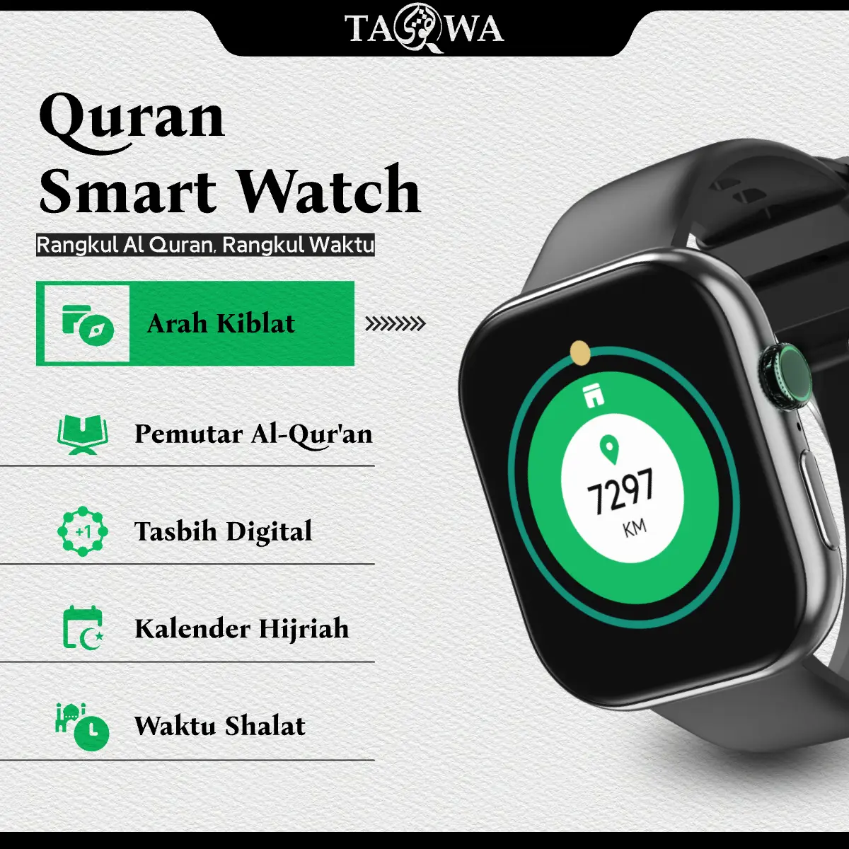 TAQWA Quran Smartwatch Arah Kiblat Kalender Hijriah Waktu Shalat Sleep Monitoring Bluetooth Call Pemutar Al-Qur'an Wallpaper Kustom Tasbih Digital