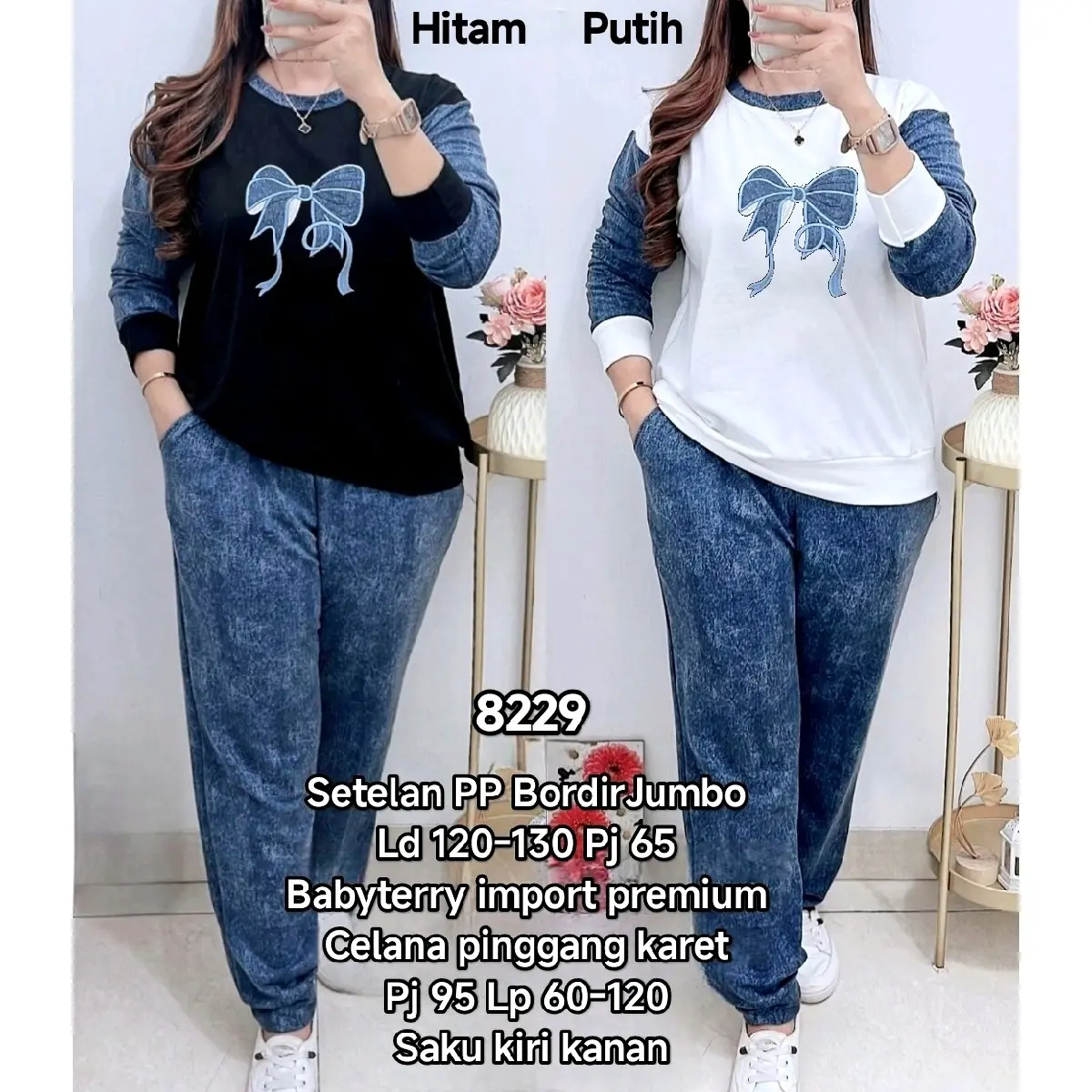 Setelan Panjang Atasan Panjang Wanita Jumbo LD 120-130 cm Celana LD 60-120 cm Pinggang Karet Kantong