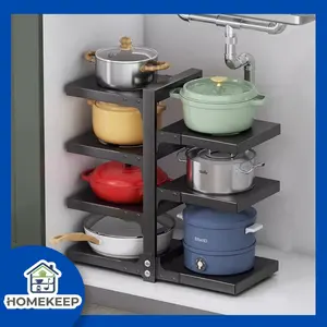 HOMEKEEP Rak Panci Area Wastafel Dapur Serbaguna Praktis dari Stainless Steel Mudah Dirakit dengan Tingkat Adjustable dan Pemasangan Tanpa Bor - Besi, Alat
