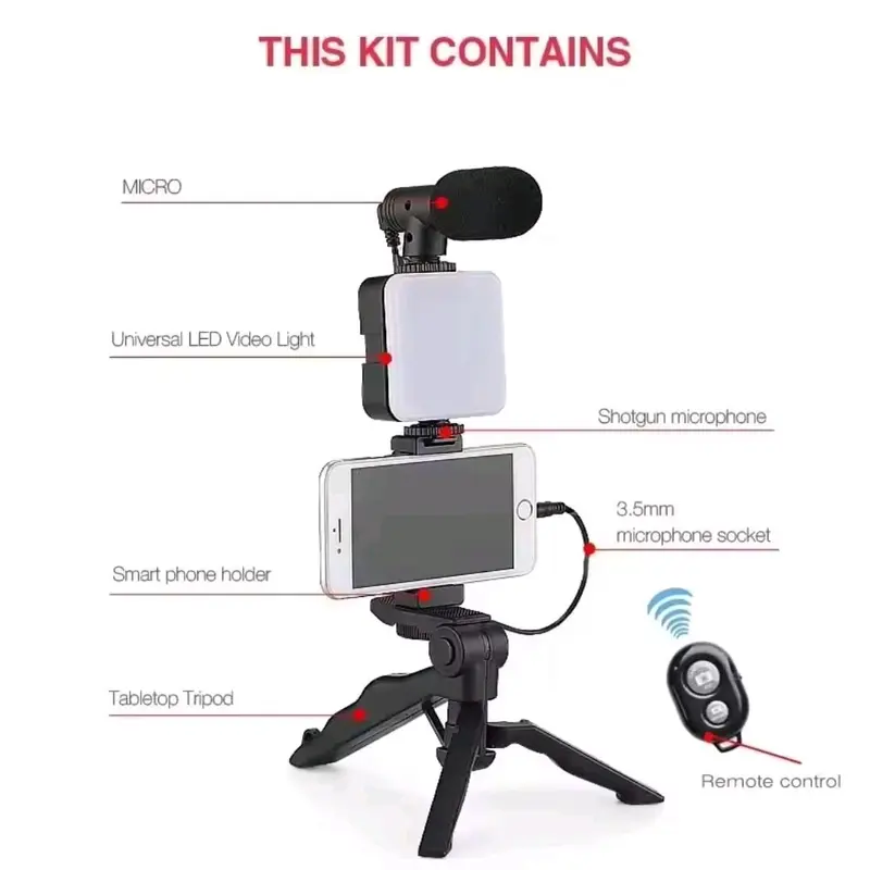Vlogging Kit Tripod Mini Holder Alat Vlog Hp Lengkap Vloger Handphone 5 in 1 Item Led Light Phone Microphone Remote Bluetooth Kamera Lampu Wireless 8