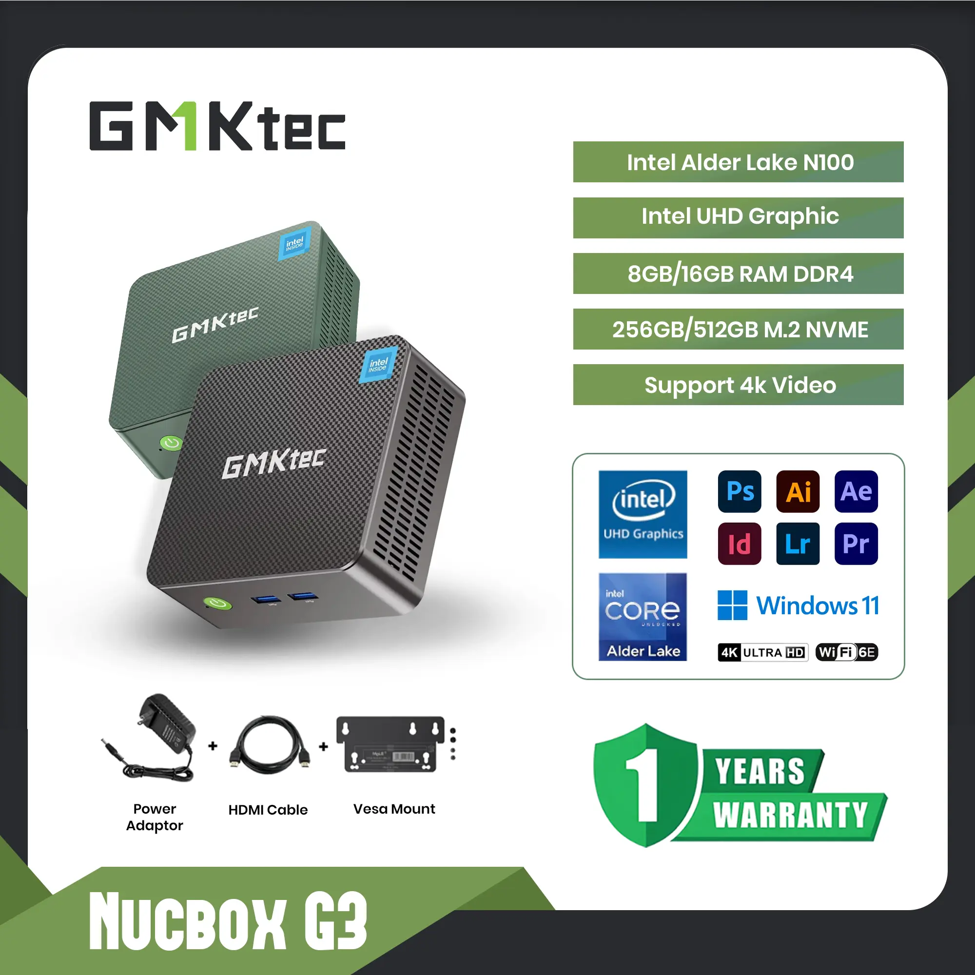 MINI PC Gaming Intel Alder Lake N100 GMKtec Nucbox G3 8GB RAM 256 SSD NVME - Win 11 pro 4k Display