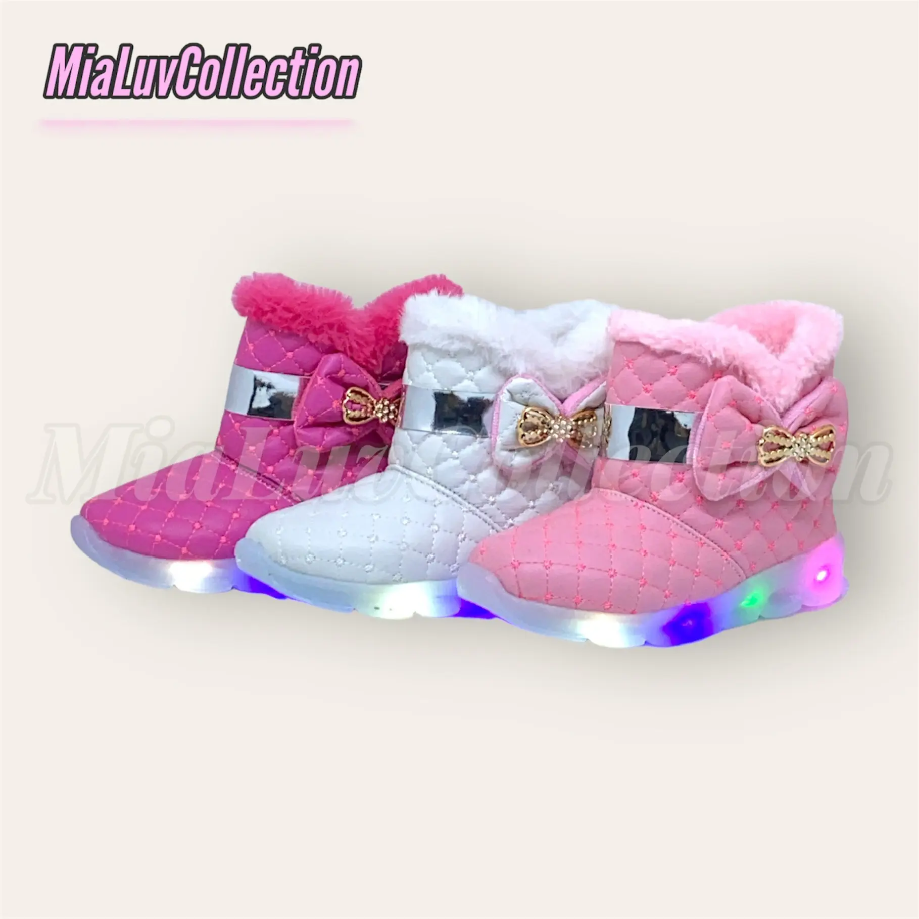 Sepatu Boot Anak Perempuan Hiasan Pita dan Bulu Lembut Dengan Lampu LED Menyala Terang Untuk Anak Usia 1 Sampai 5 Tahun