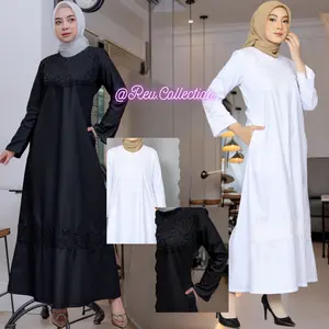 Gamis Haji Umroh Wanita Katun Toyobo Premium, Mewah, Warna Hitam/Putih, Nyaman & Lembut