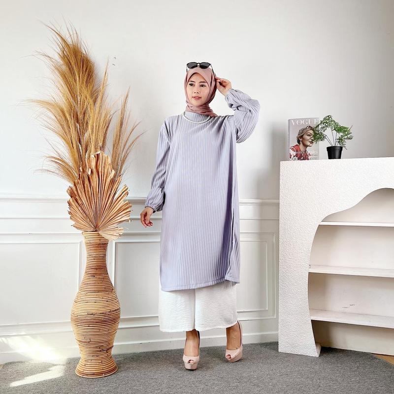 tunik wanita knit muslim ld 120 lengan karet Midi dres wanita melar 7