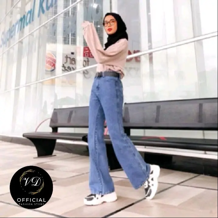 Highwaist Jeans Streach Wanita Cutbray || Korean Style Straight Loose Cutbray pants Celana high waist cut bray flare