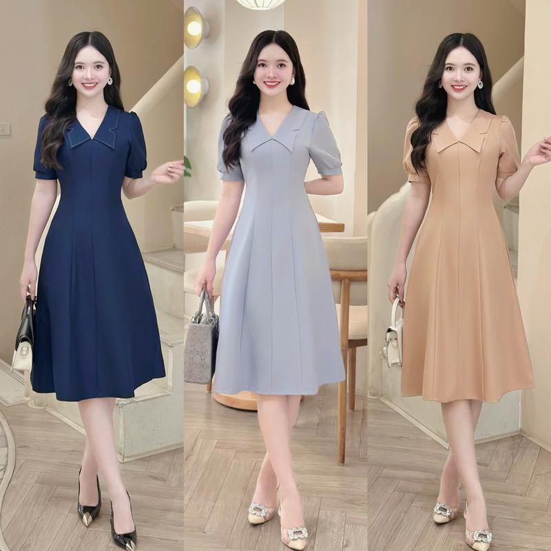 Đầm nữ thiết kế Nhật Vy cổ V tay ngắn đơn giản dáng ôm bigsize chất lụa công sở văn phòng dự tiệc quà tặng vợ mẹ màu xám xanh đen cacao - D3370