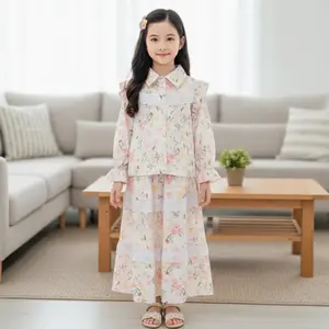 SAFA FASHION - READY STOCK Setelan Anak Perempuan Anggun Motif Flower Kombinasi Renda / Fashion Oneset Anak Perempuan Atasan Model Kemeja Bawahan Rok Panjang Terbaru (Edisi Lebaran 2026)