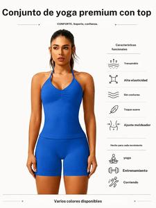 Conjunto de atuendo deportivo para damas con top halter sin espalda de diseño fruncido y shorts levanta pompis de cintura alta, conjunto de dos piezas cómodo y transpirable para yoga, gimnasio y correr, ropa deportiva para damas para la primavera
