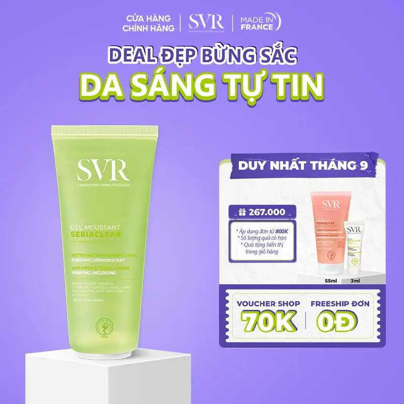 Gel rửa mặt không có xà phòng, làm sạch, loại bỏ tế bào da chết SVR SEBIACLEAR GEL MOUSSANT 200ml