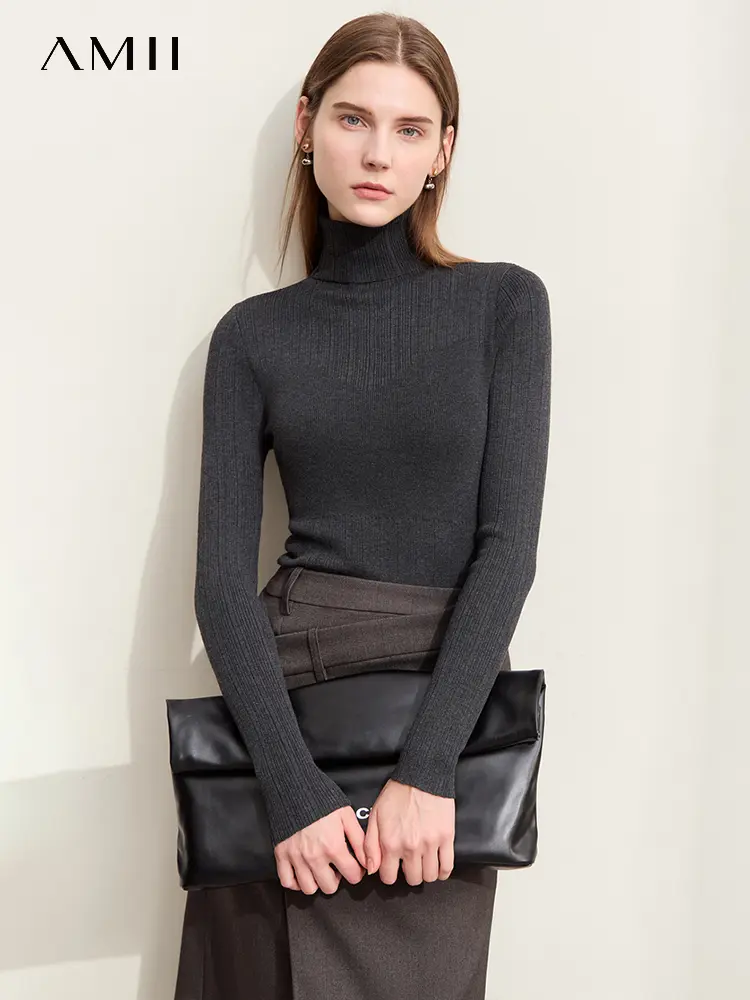 Amii Minimalism 2025 Women Sweaters New Autumn Elegant Comfortable Spliced Turtlene Interior Lapping Basic Solid Tops 12443147