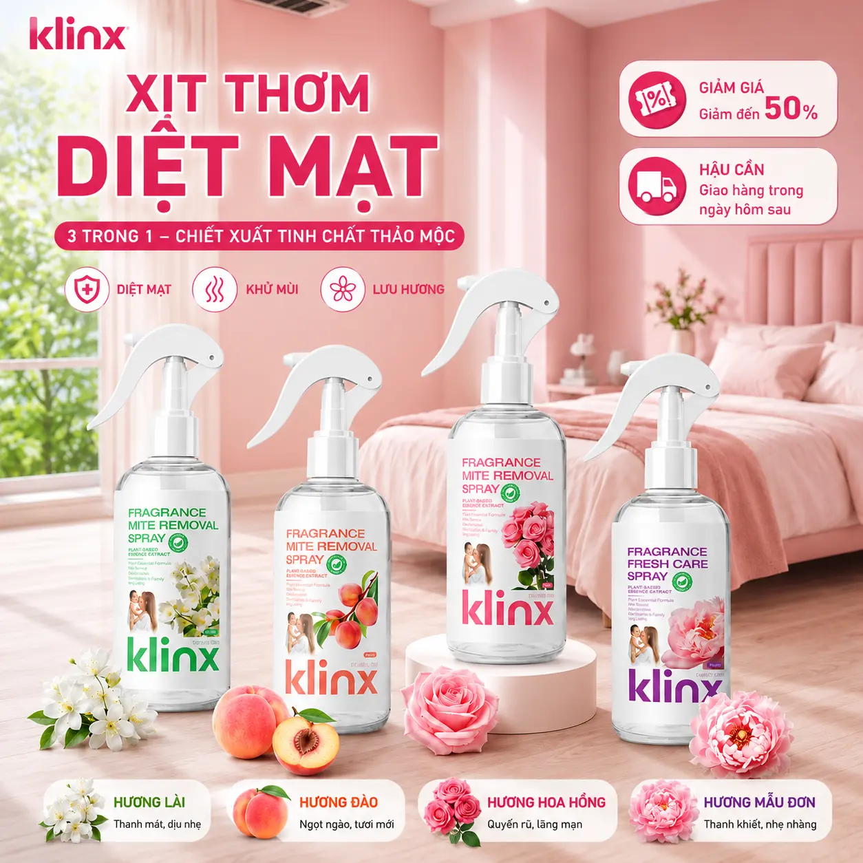[Klinx-Hàng chất lượng cao] Xịt thơm diệt mạt Klinx-dùng cho ga giường và các loại vải, không cần giặt lại, tiện dùng hằng ngày, giúp kháng khuẩn, loại bỏ mạt bụi và mang lại mùi hương cao cấp.