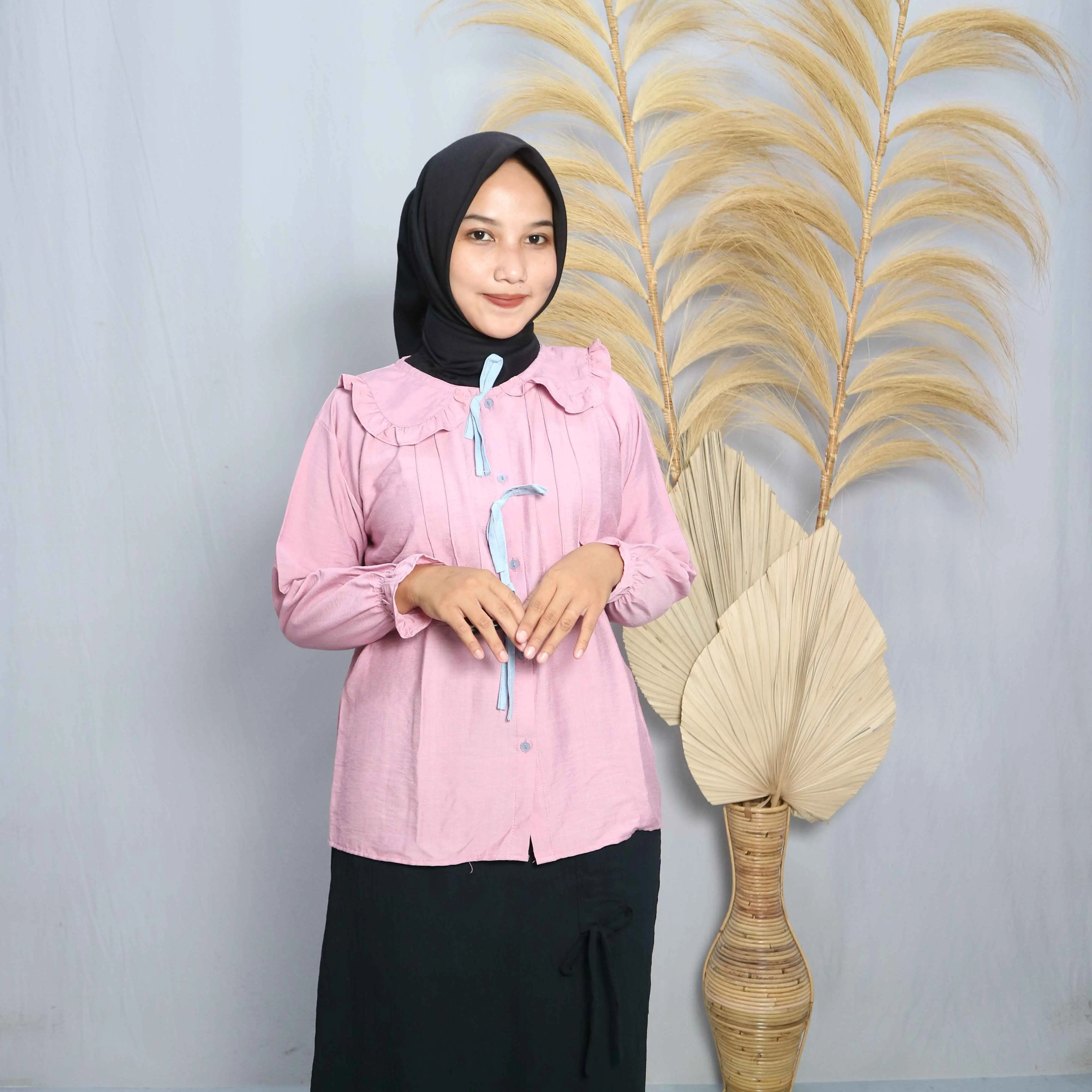 Mariposa Ribbon Blouse Polo Linen Tali Pita Depan Coquette Lengan Panjang