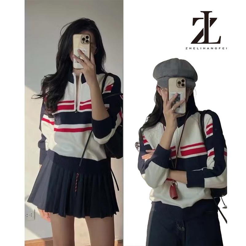 Chất Lượng Cao Áo Len dệt kim cổ trụ khóa kéo học tiết sọc ngang đỏ + xanh than phong cách retro