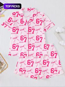 Conjunto de pijama de rayas, camisa con botones al frente retardante al fuego y shorts con cintura elástica, ropa de dormir casual con estampado de dibujos animados