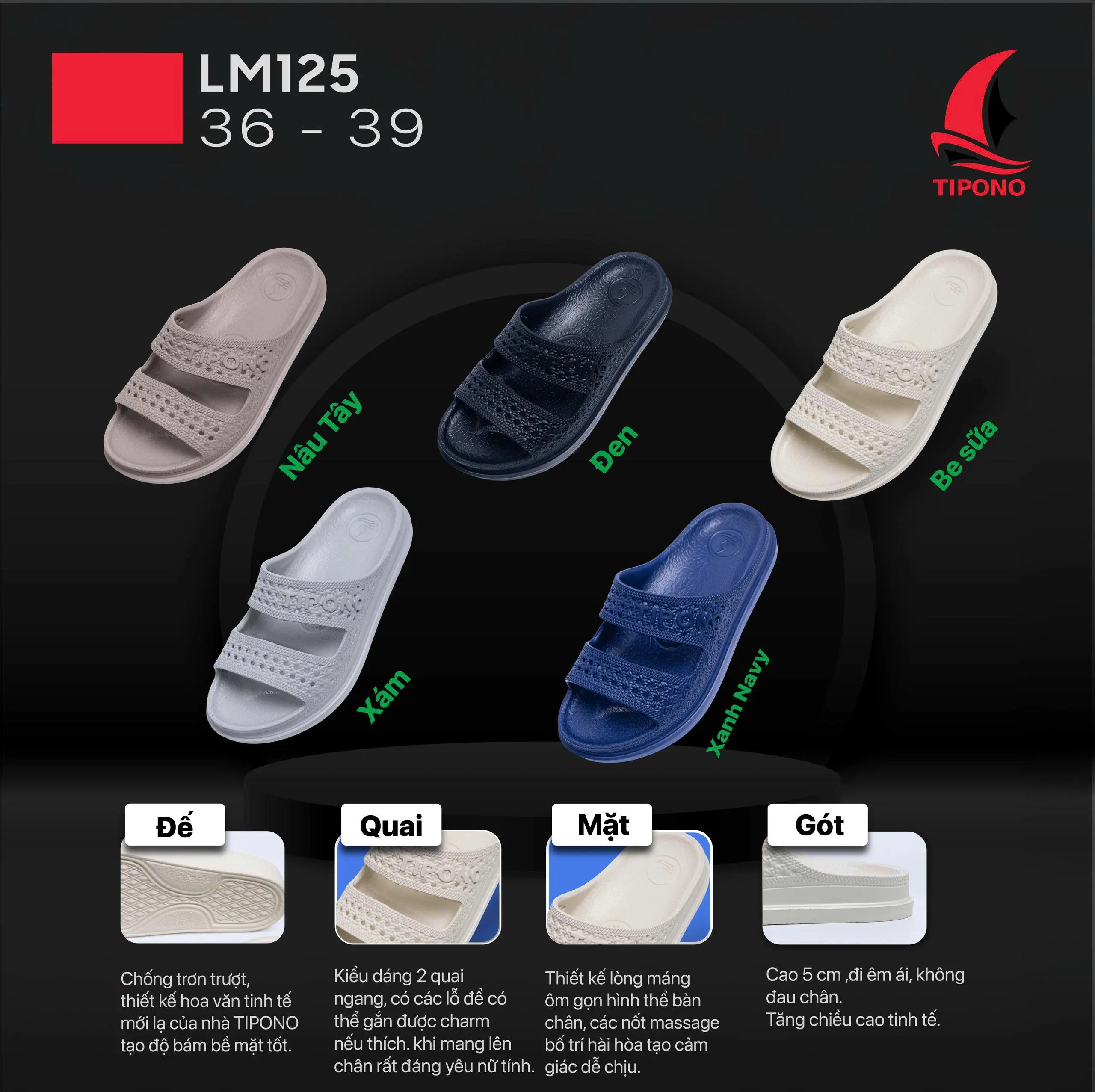 [Độc quyền TTS] TIPONO LM125 Dép Style Hàn Basic, Êm Nhẹ, Dễ Phối Đồ, Chống Thấm, Chống Trơn Trượt, Đi Cực Thoải Mái