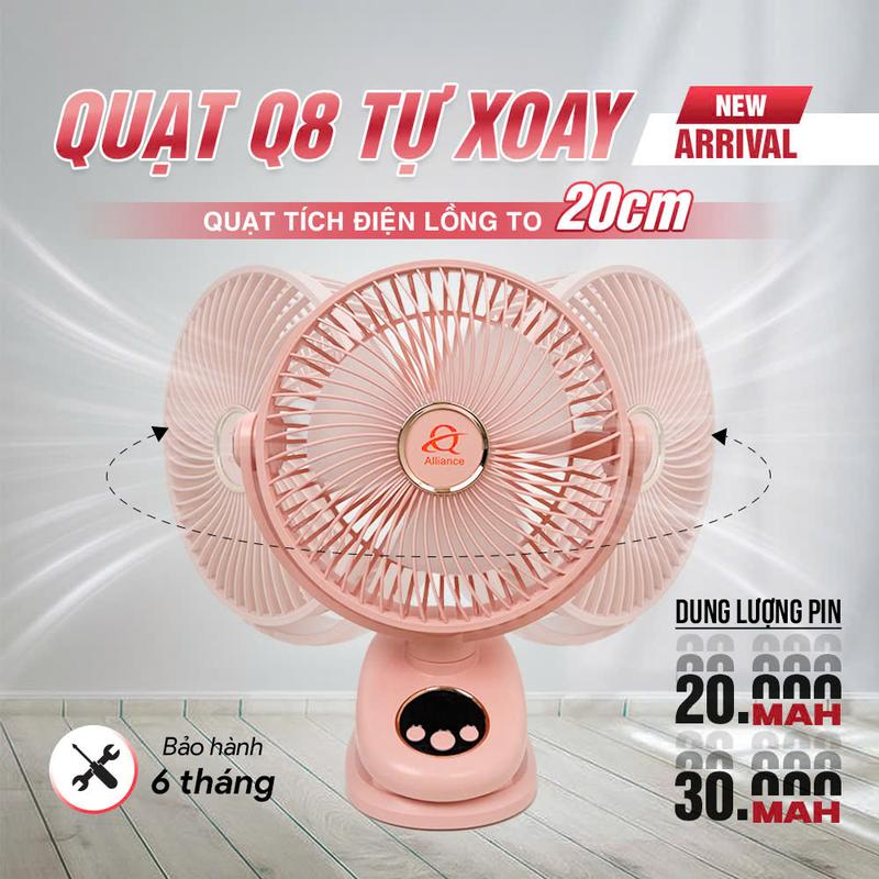 【 TỰ ĐỘNG XOAY   Quạt Kẹp Tích Điện Q8 ,Kích Thước Lớn   Lồng Quạt 20cm   Có Chế Độ Đèn LED Và Hiển Thị Phần Trăm Pin 