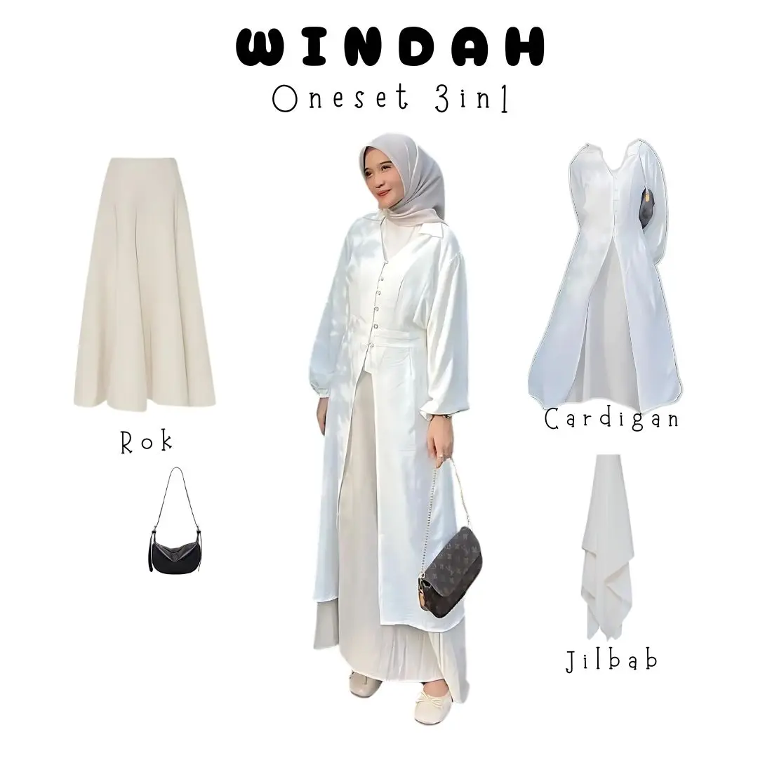 one set outer outwear cardigan tunik putih rok putih hyget jilbab bella | perempuan wanita cewek ootd korean hijab kondangan lebaran bukber ied style HK16