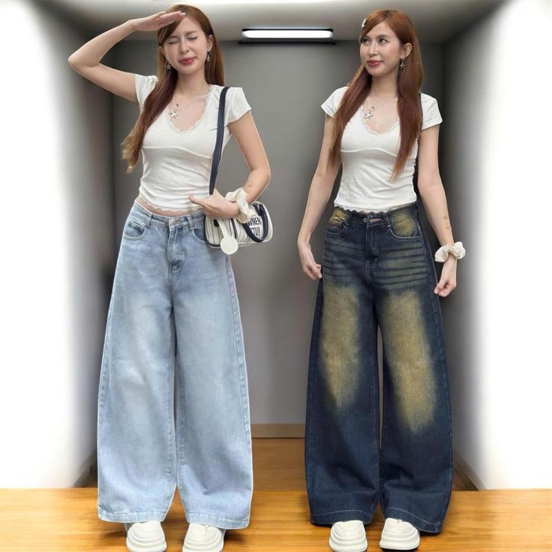 QUẦN NẤM LÙN JEANS NỮ ỐNG RỘNG 30CM XANH ĐẬM NHẠT RÁCH KIỂU WASH LOANG CÁ TÍNH CHẤT JEAN DÀY KHÔNG GIÃN LƯNG CAO ỐNG LOE NHẸ DÀI QUẦN 92CM Women Pants Ong