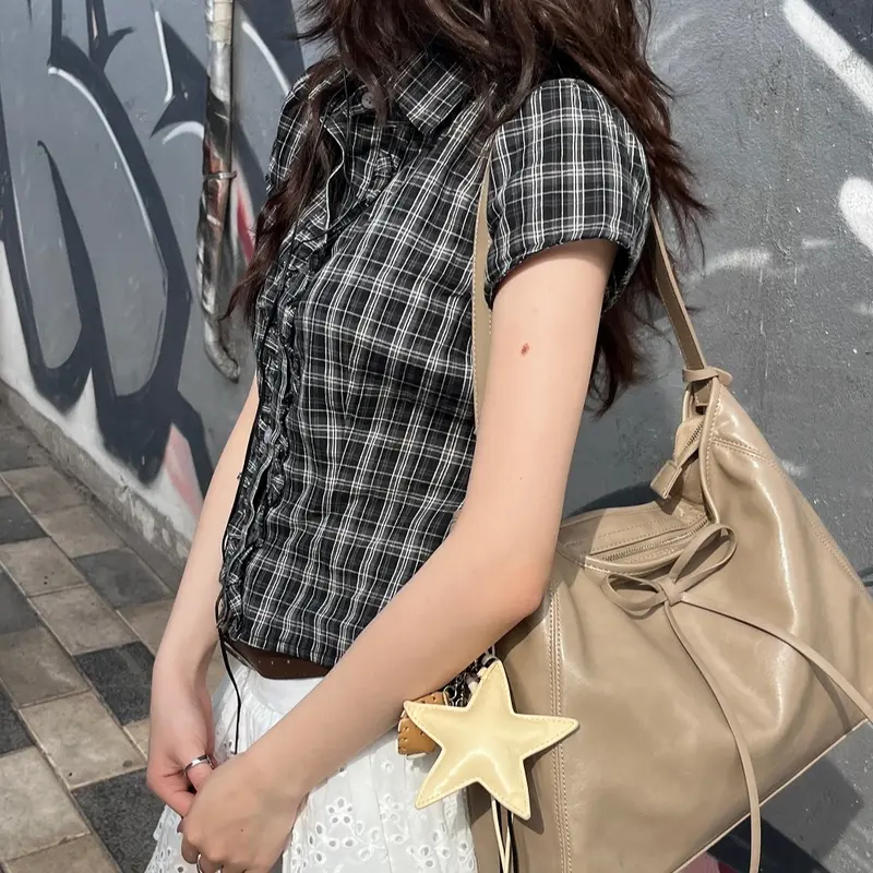 Nimbus Top - Áo kiểu nữ, áo sơ mi nữ họa tiết caro phối bèo ngắn tay nhiennhienvintage BA474 1