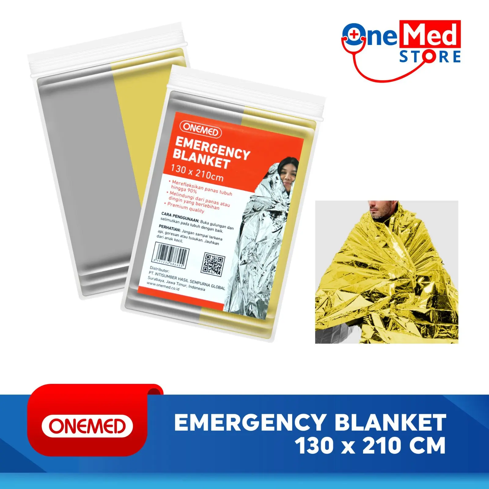 ONEMED - Emergency Blanket 130 x 210cm Gold Silver Selimut Darurat Pcs Camping
